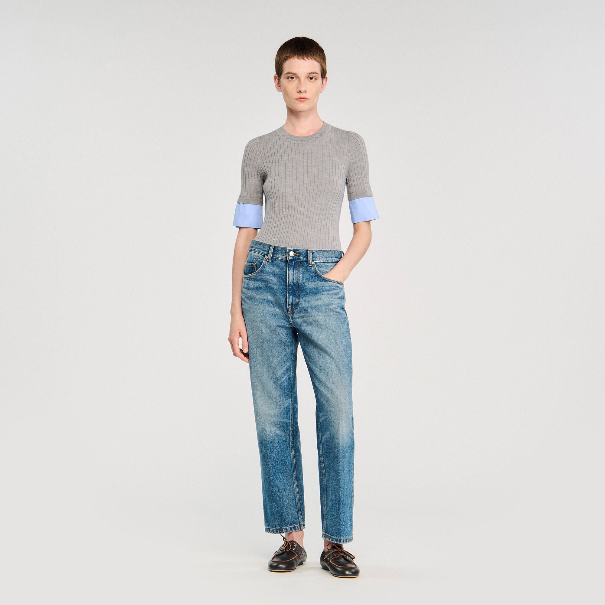 Sweater with contrast short sleeves Grey Sandro Women