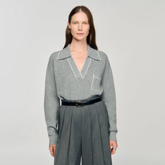 Open polo-collar neck sweater Grey Sandro Women