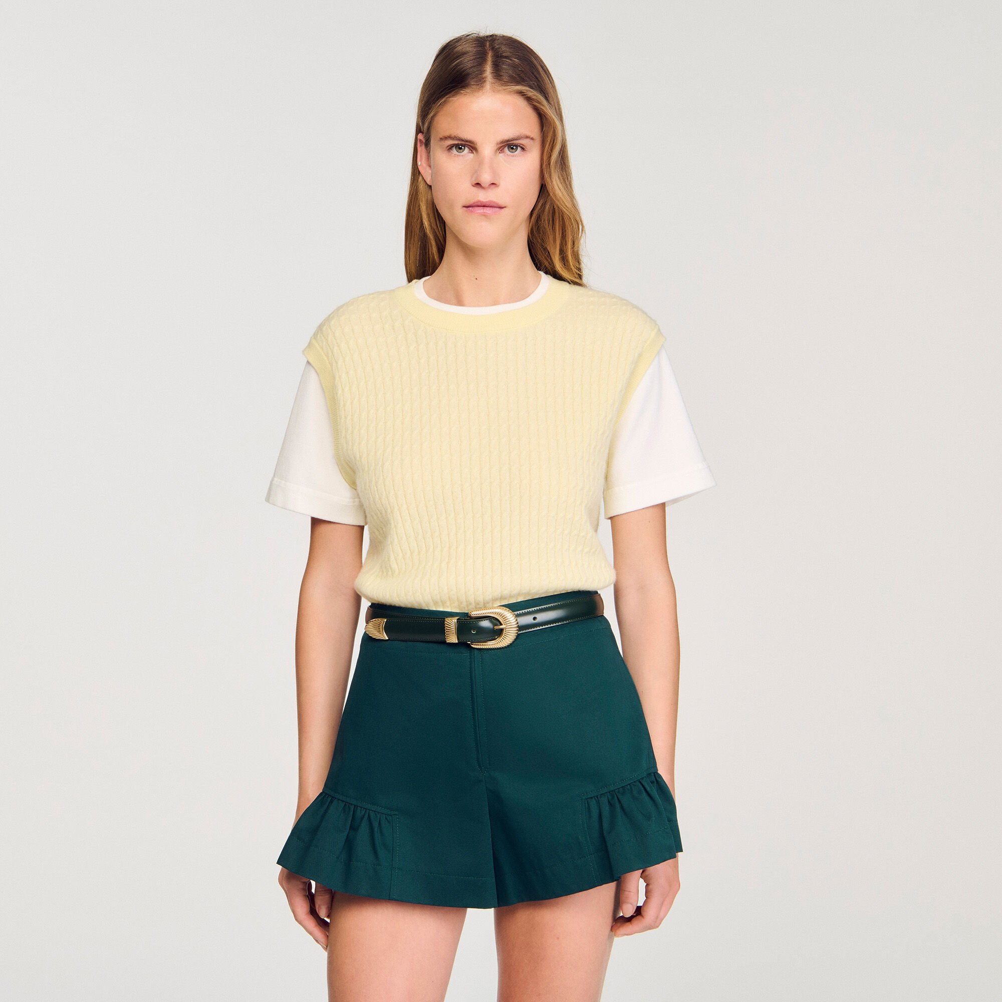 Dual-material knit sweater Light Yellow Sandro Women