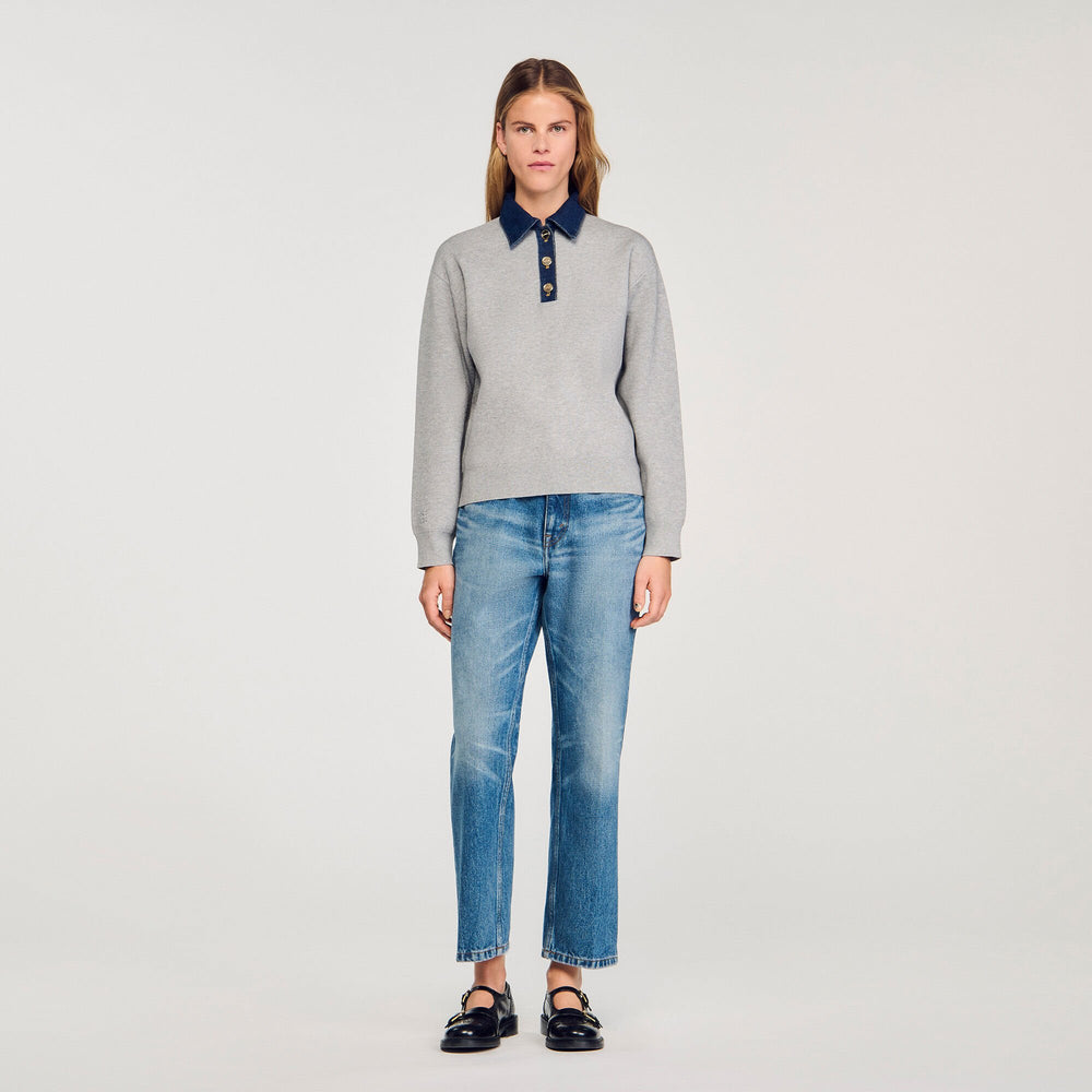 Sweater with denim collar Grey Sandro Women