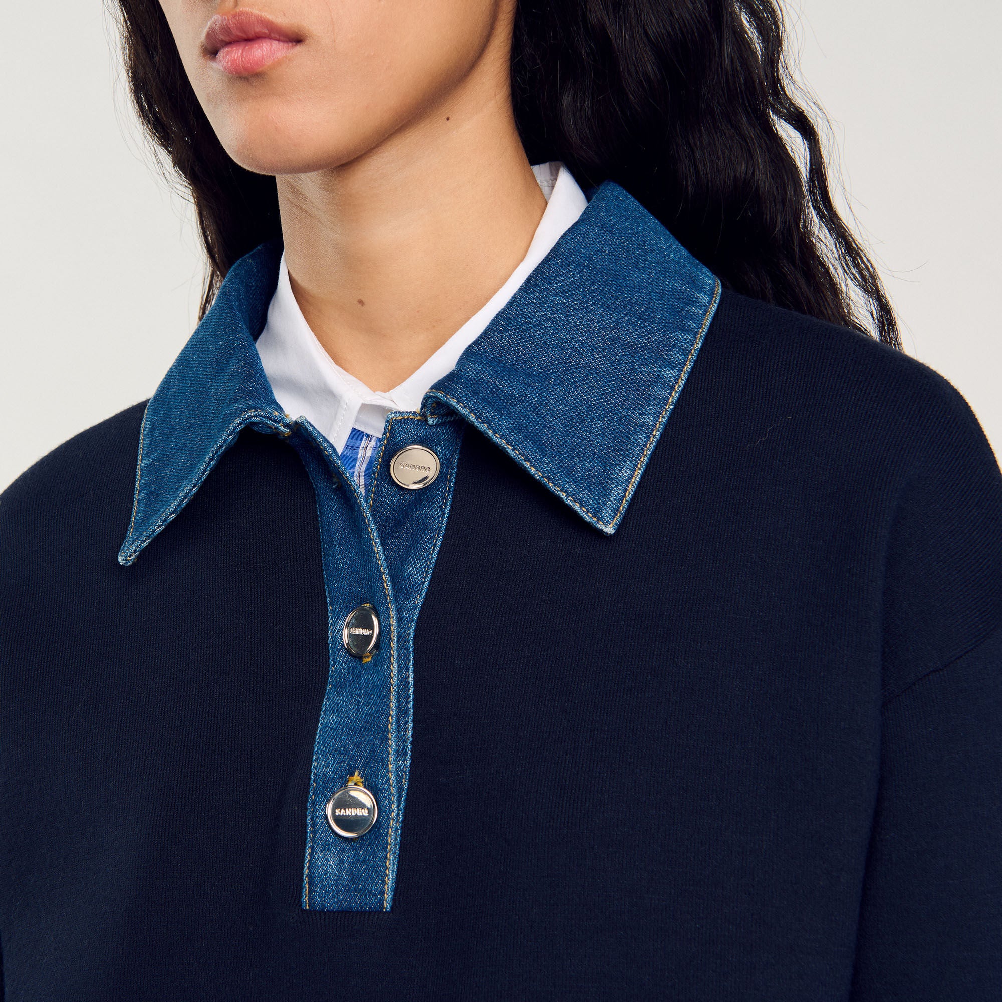 sweater with denim collar Navy Blue Sandro Women