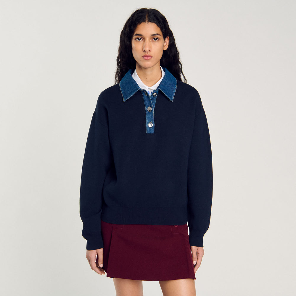 sweater with denim collar Navy Blue Sandro Women