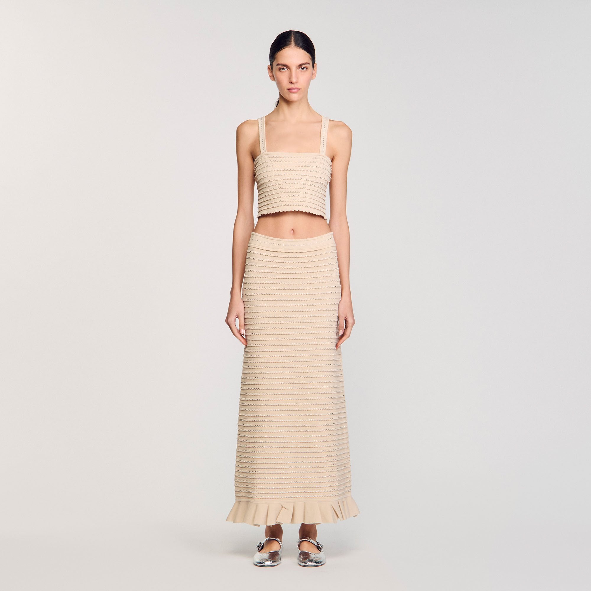 Rhinestone knit crop top Beige Sandro Women