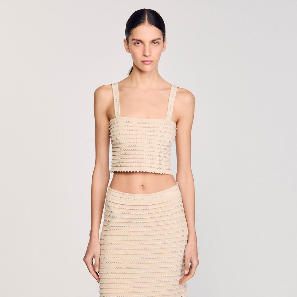 Rhinestone knit crop top Beige Sandro Women