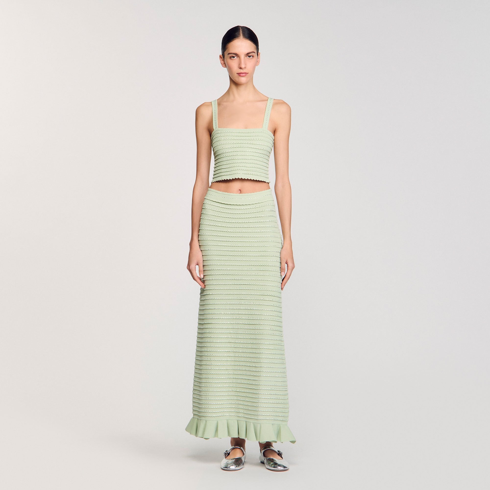Rhinestone knit crop top Almond Green Sandro Women