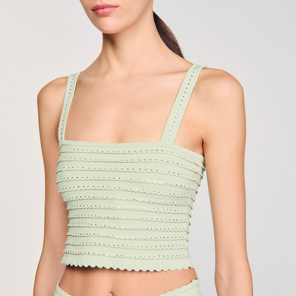 Rhinestone knit crop top Almond Green Sandro Women