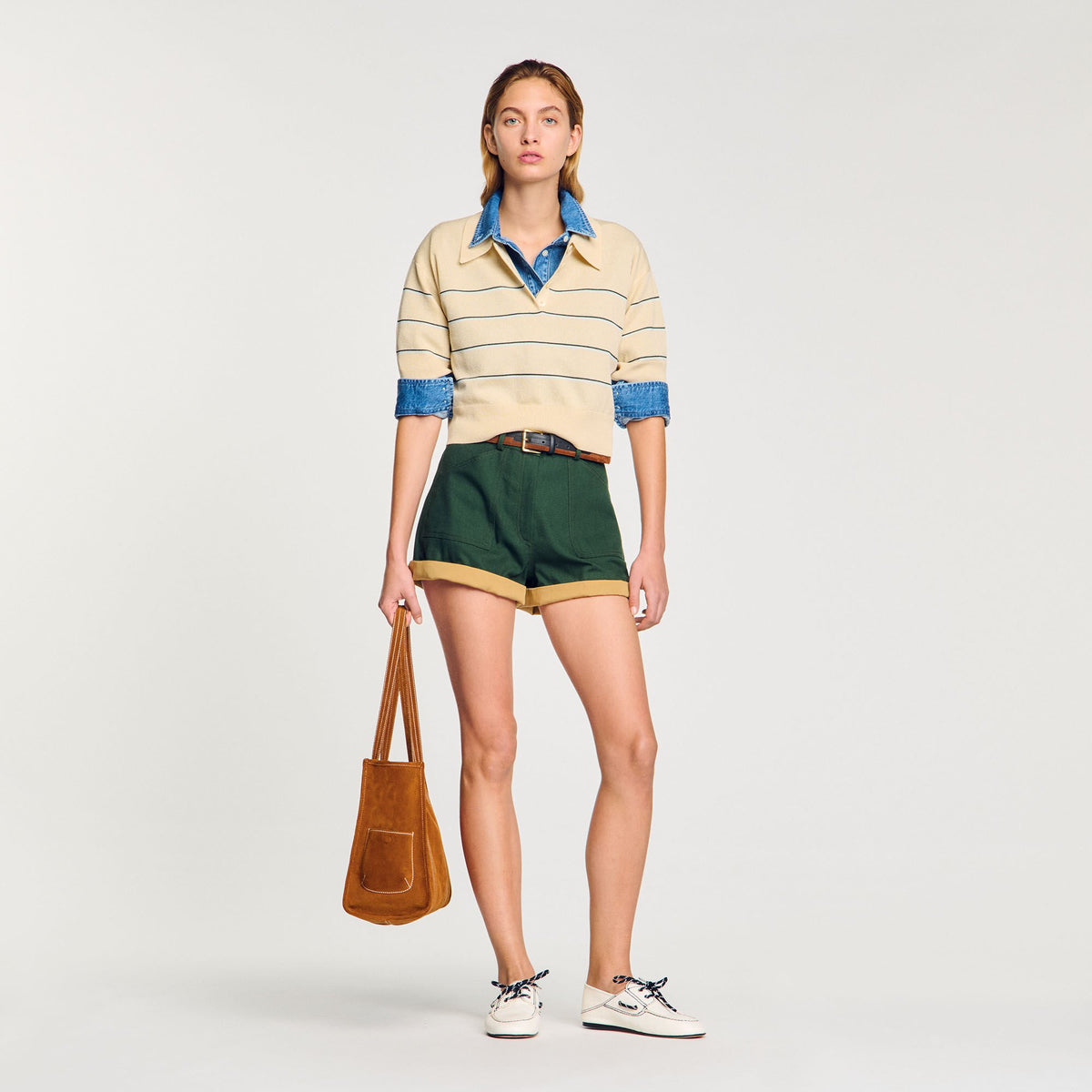 Cropped striped knitted sweater Ecru Sandro Women