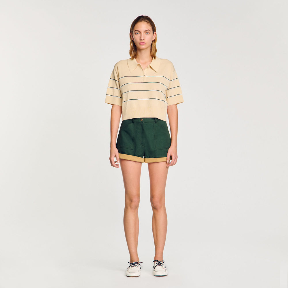 Cropped striped knitted sweater Ecru Sandro Women