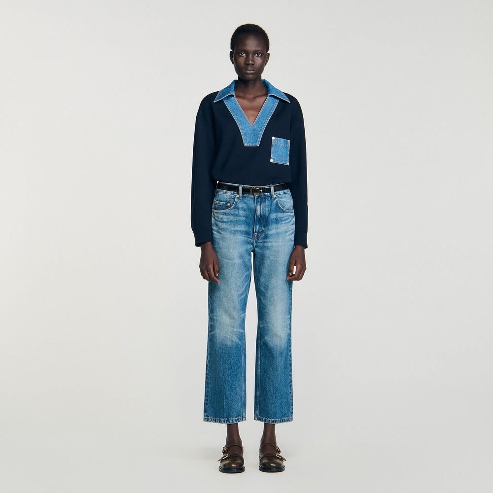 Sweater with denim details Navy Blue Sandro Women
