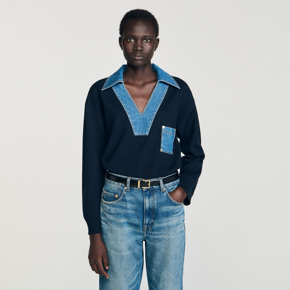 Sweater with denim details Navy Blue Sandro Women