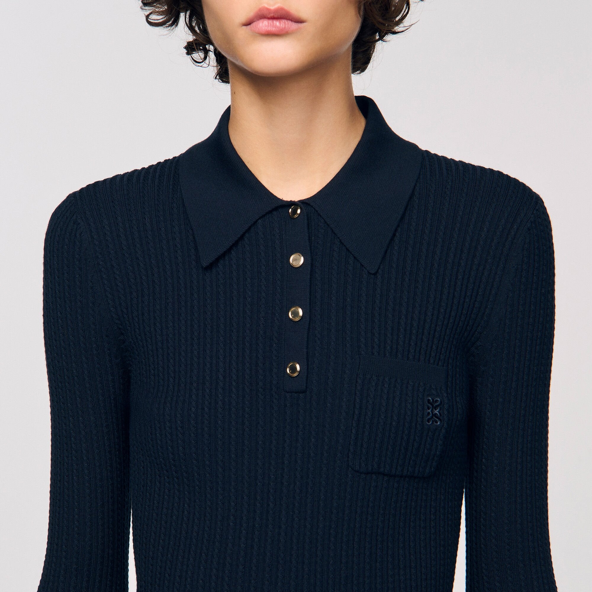 Cable knit polo sweater Navy Blue Sandro Women