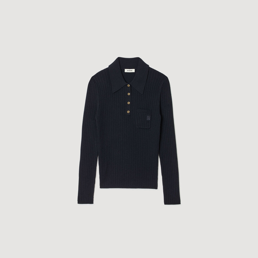 Cable knit polo sweater Navy Blue Sandro Women