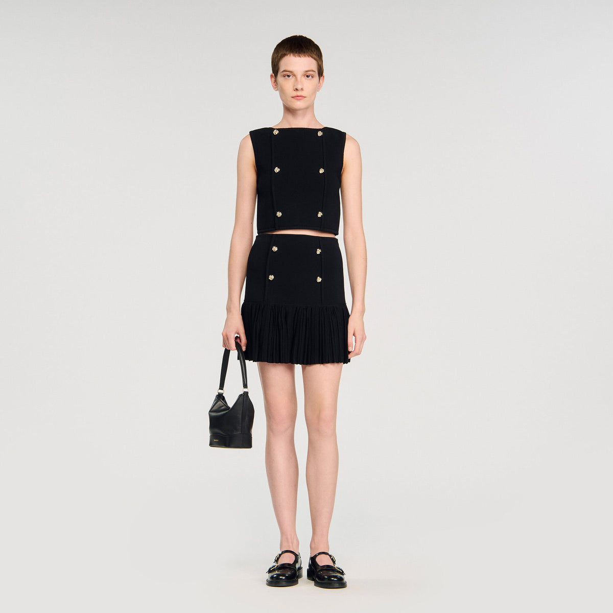 Button detail cropped knit top Black Sandro Women
