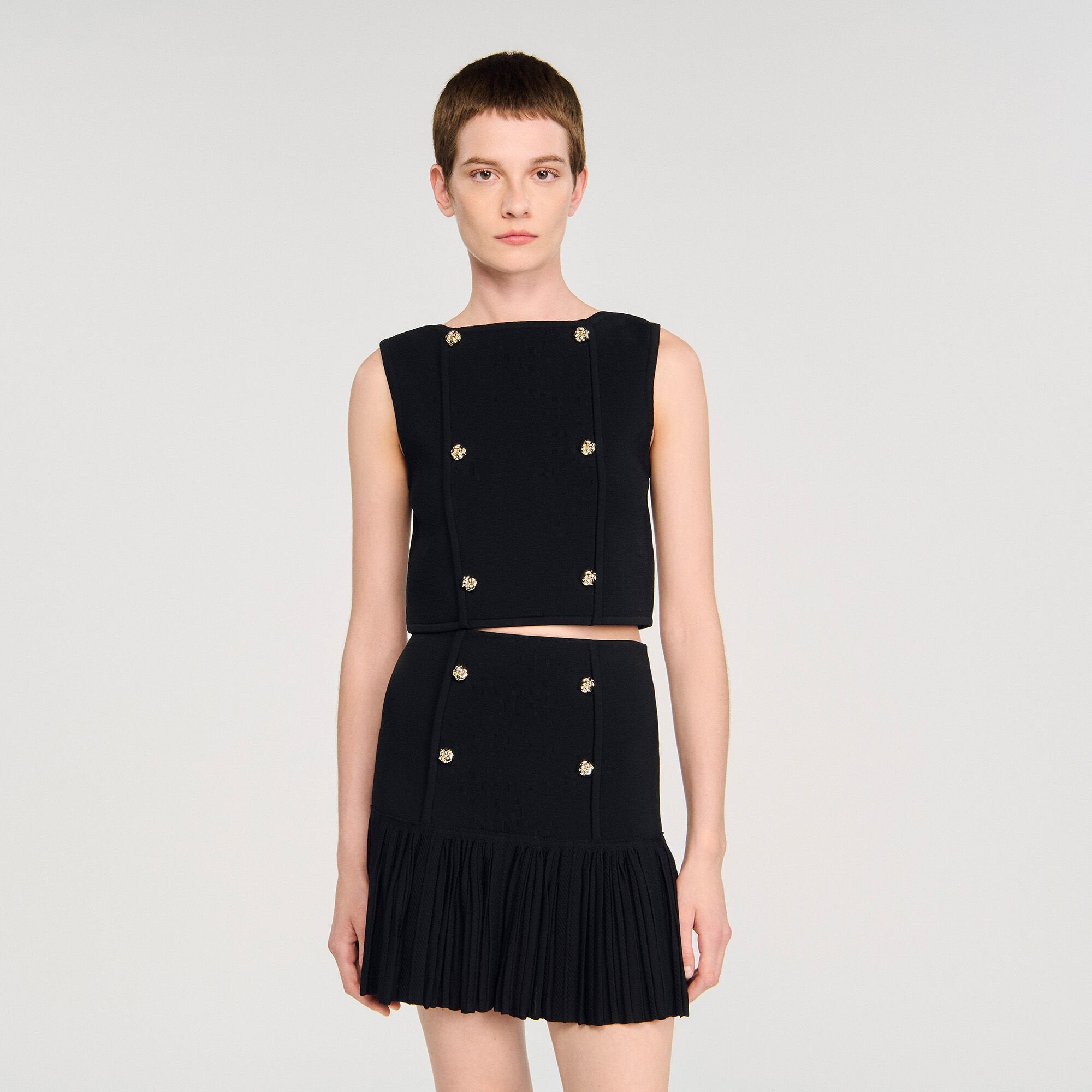 Button detail cropped knit top Black Sandro Women