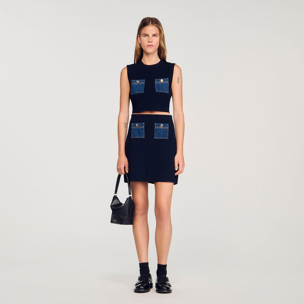 Knit and denim top Navy Blue Sandro Women