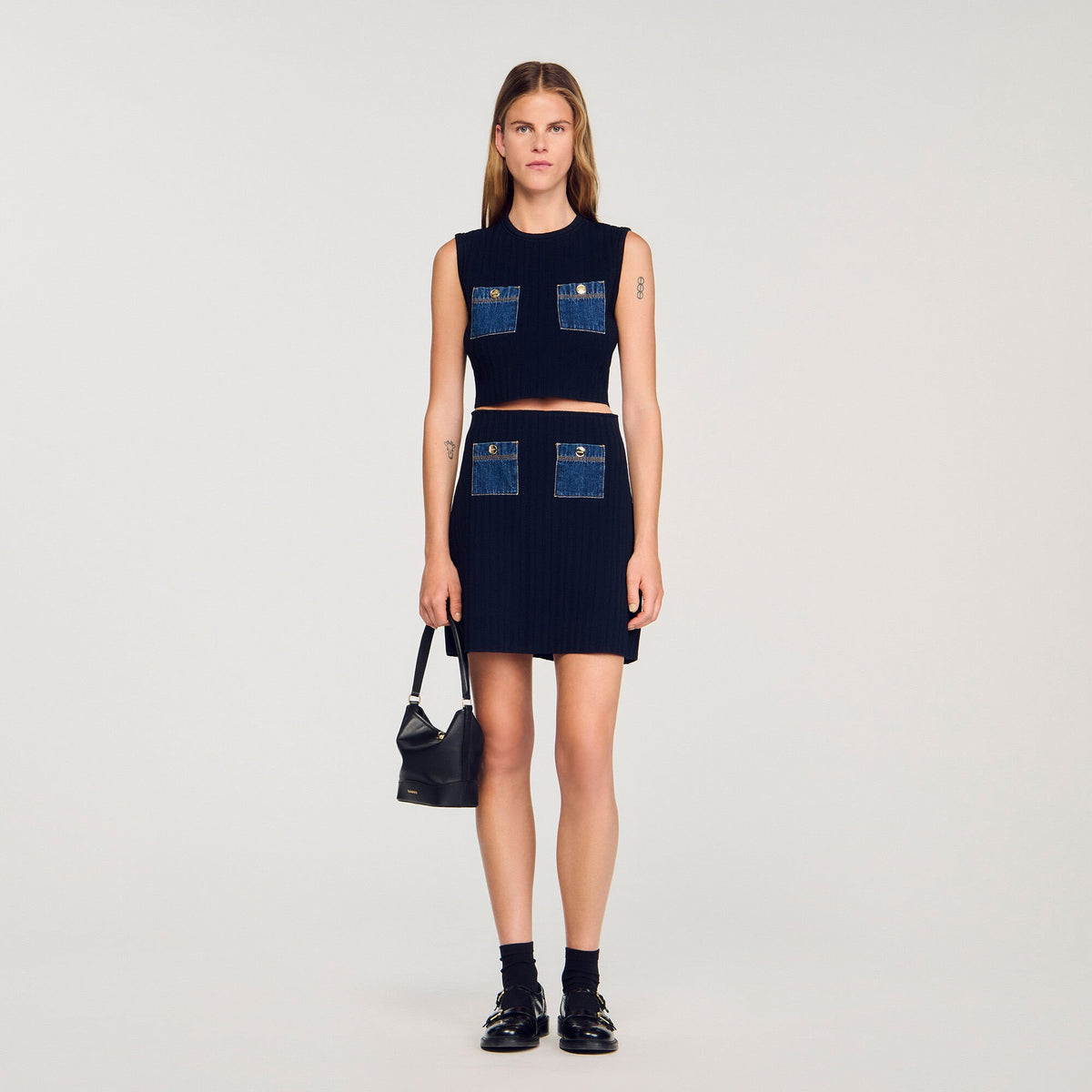 Knit and denim top Navy Blue Sandro Women