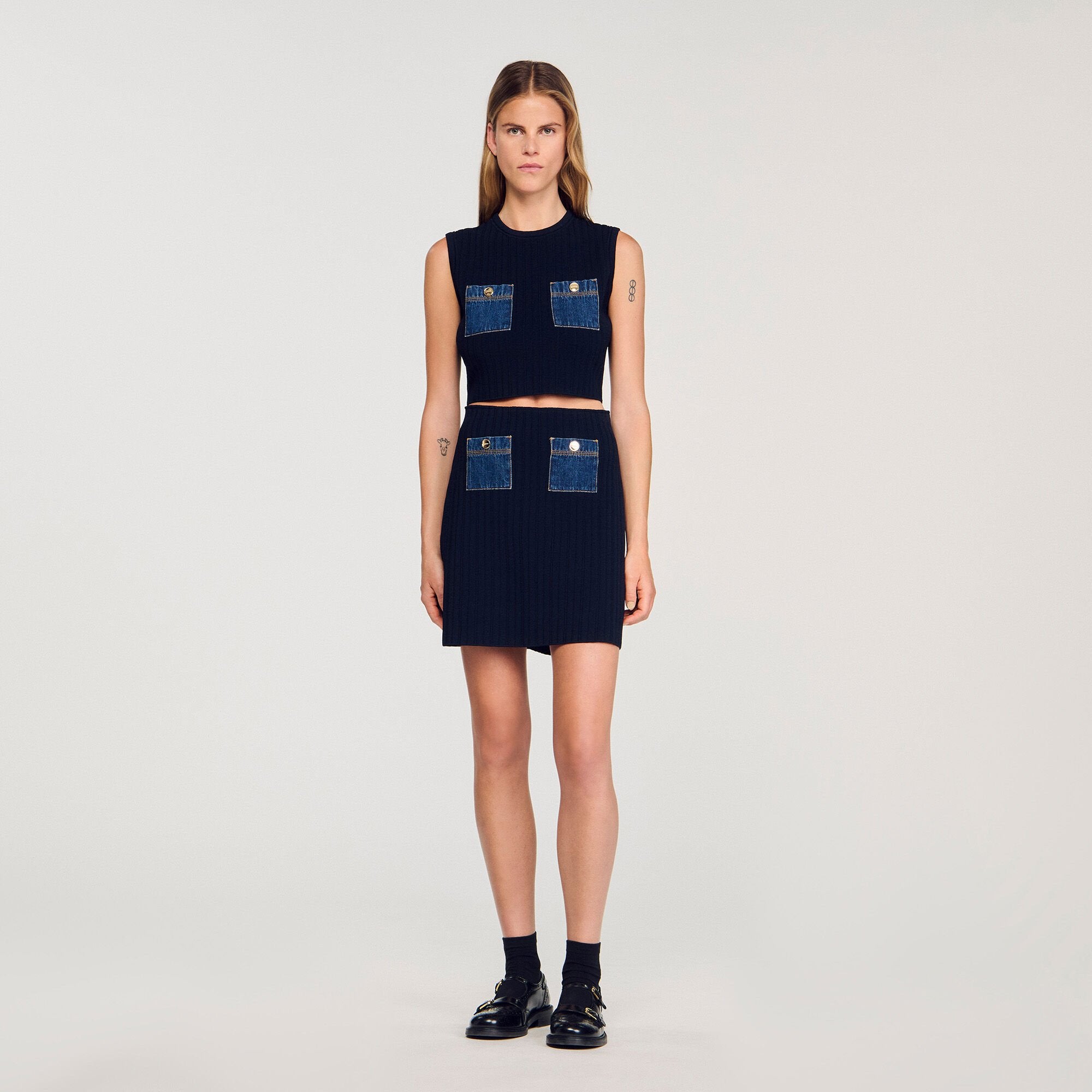 Knit and denim top Navy Blue Sandro Women