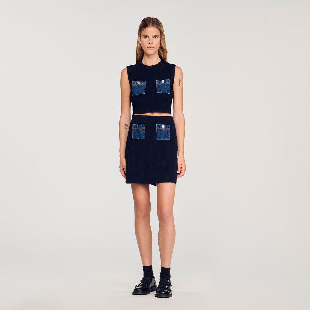Knit and denim top Navy Blue Sandro Women