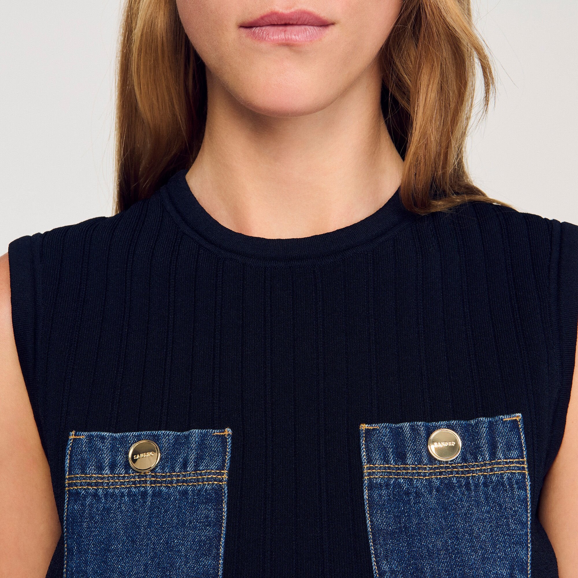 Knit and denim top Navy Blue Sandro Women