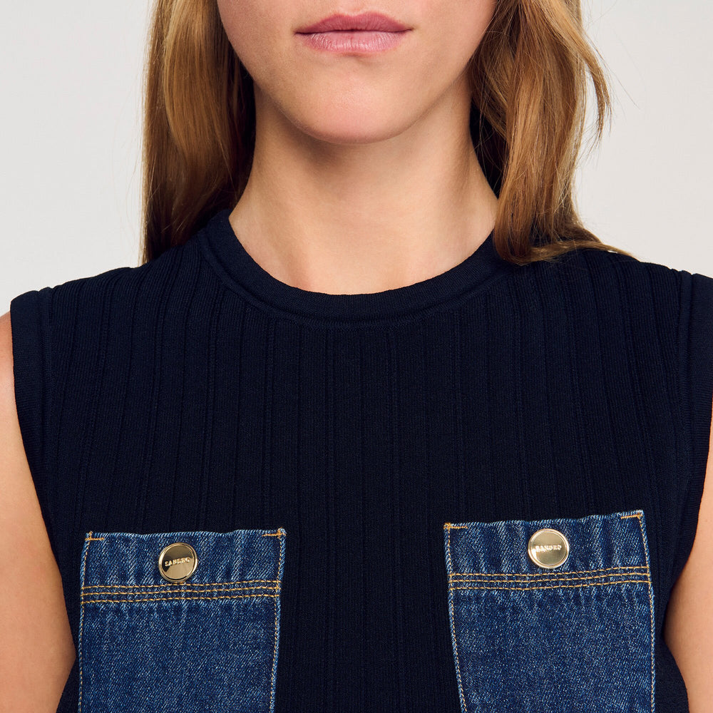 Knit and denim top Navy Blue Sandro Women