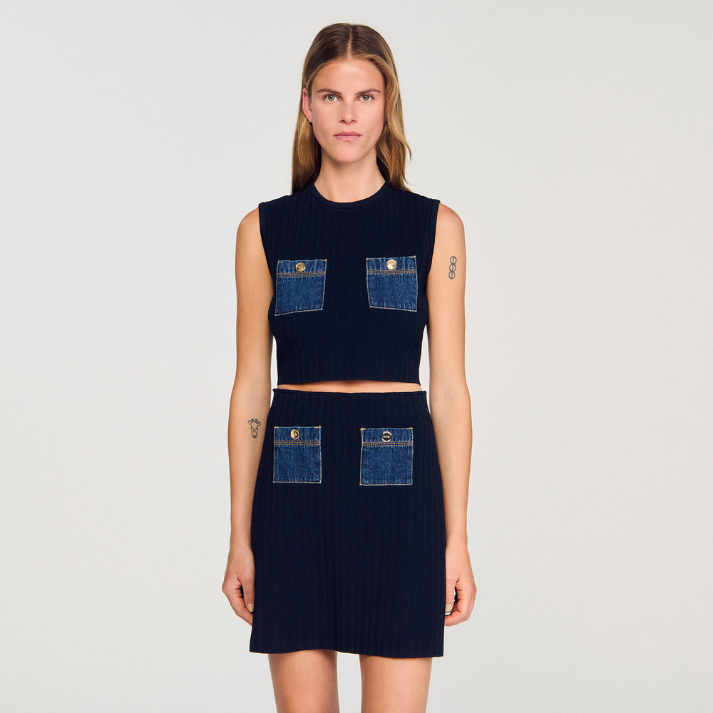Knit and denim top Navy Blue Sandro Women