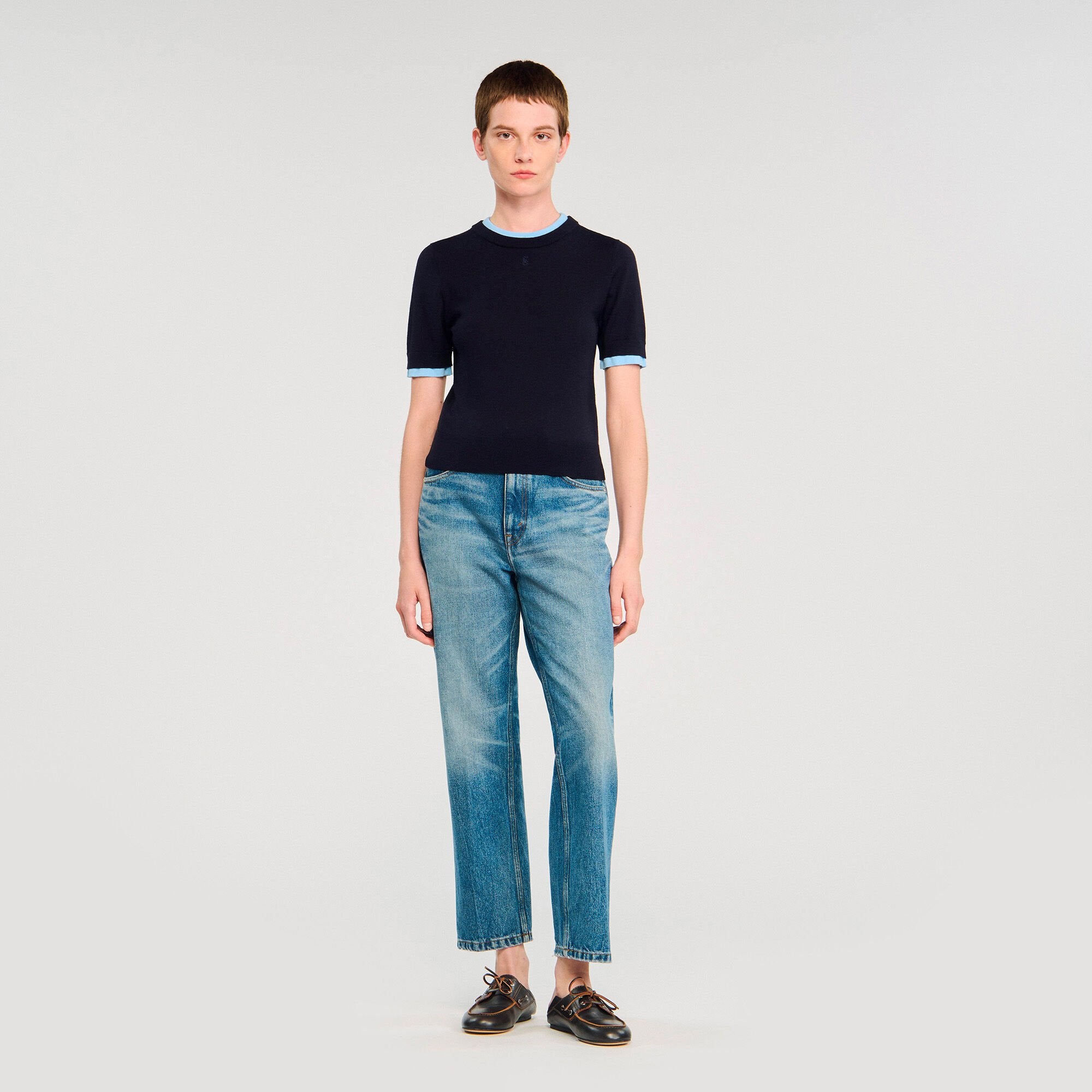 Two-tone cropped sweater Navy Blue Sandro Women