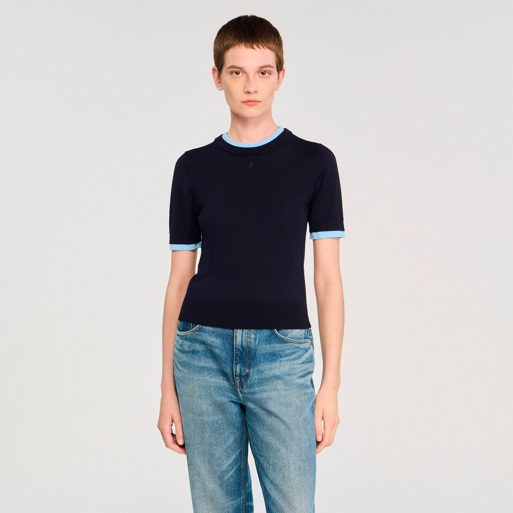 Two-tone cropped sweater Navy Blue Sandro Women