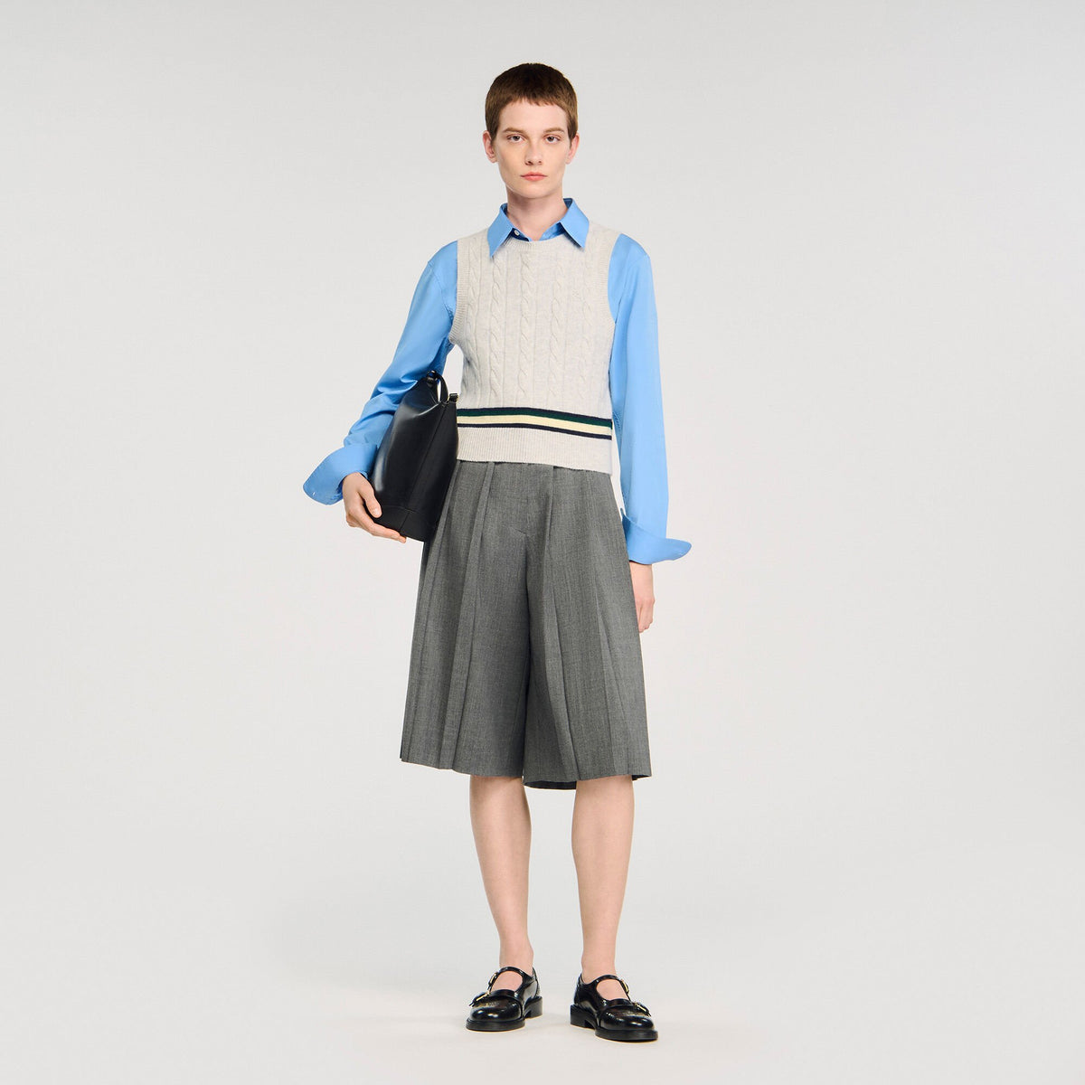 Sleeveless cropped cable knit sweater Grey Sandro Women