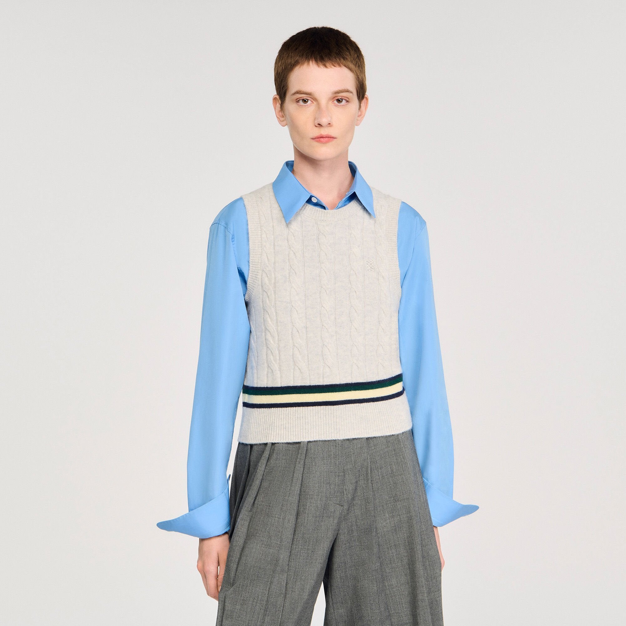 Sleeveless cropped cable knit sweater Grey Sandro Women