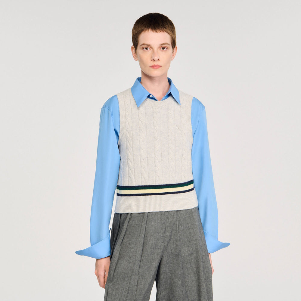Sleeveless cropped cable knit sweater Grey Sandro Women