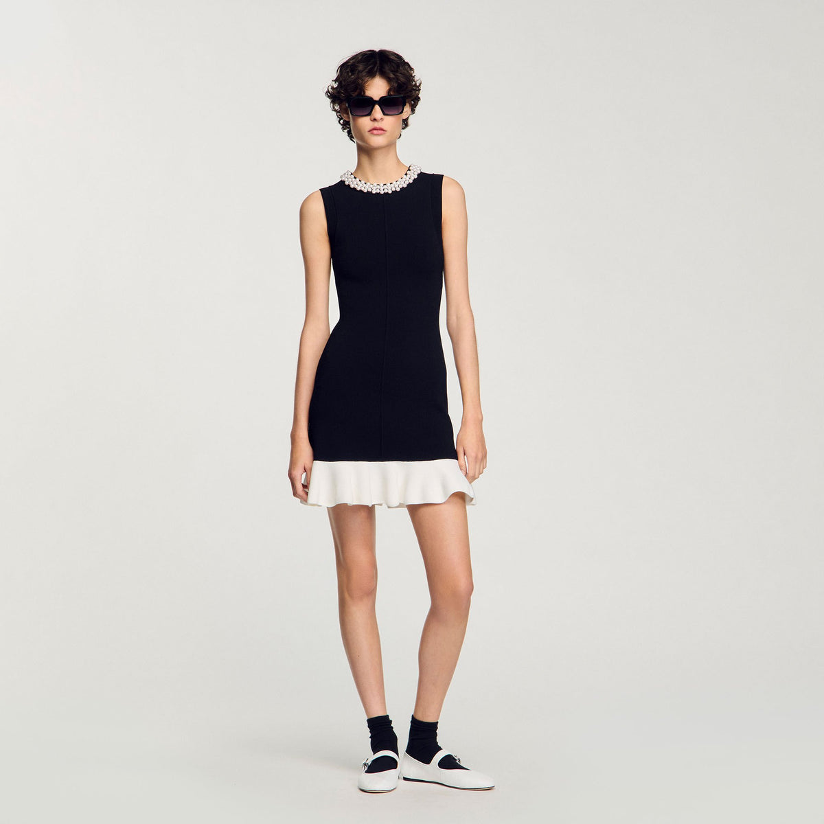 Mini knit dress with beaded neck Black / Ecru Sandro Women
