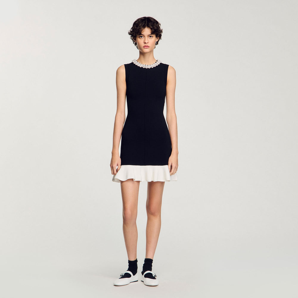 Mini knit dress with beaded neck Black / Ecru Sandro Women