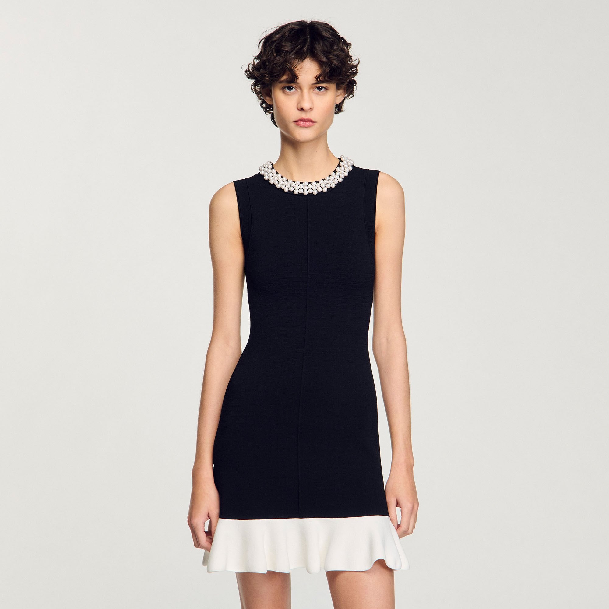 Mini knit dress with beaded neck Black / Ecru Sandro Women