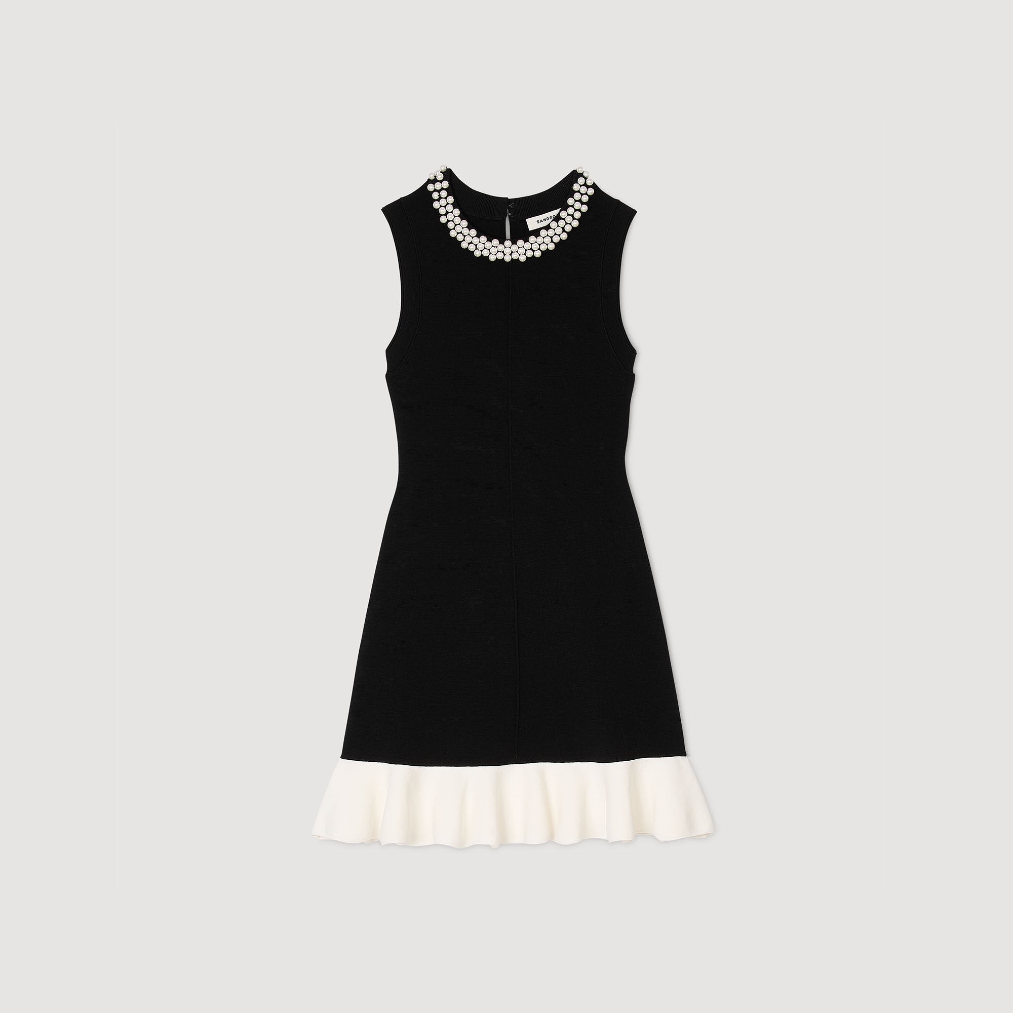 Mini knit dress with beaded neck Black / Ecru Sandro Women
