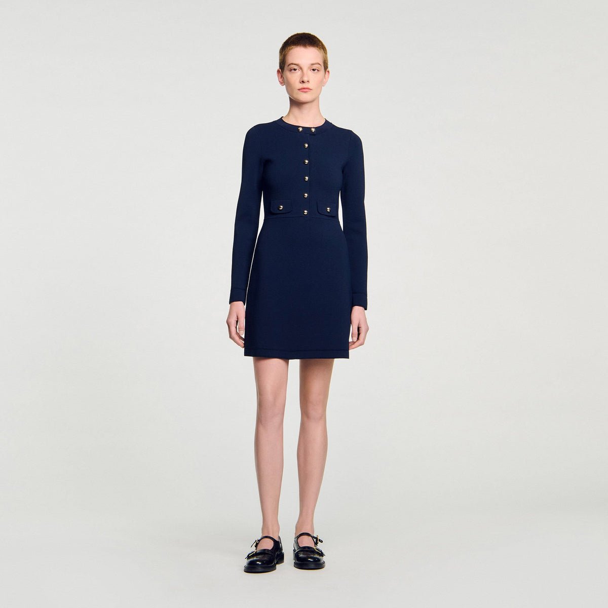 Mini button-up knit dress Navy Blue Sandro Women