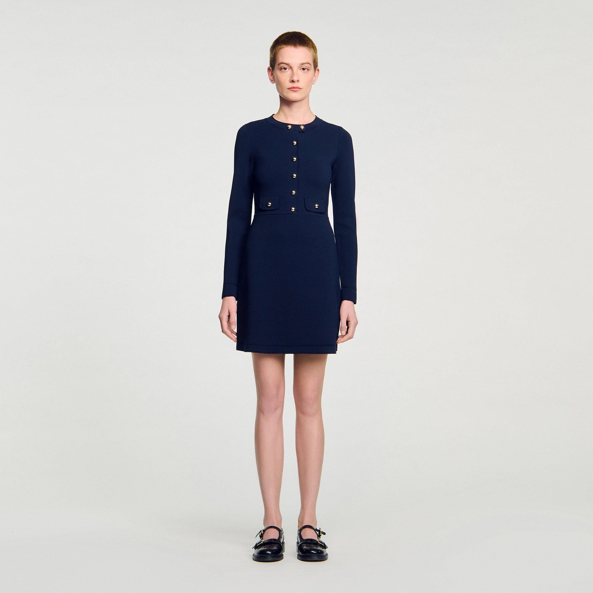 Mini button-up knit dress Navy Blue Sandro Women