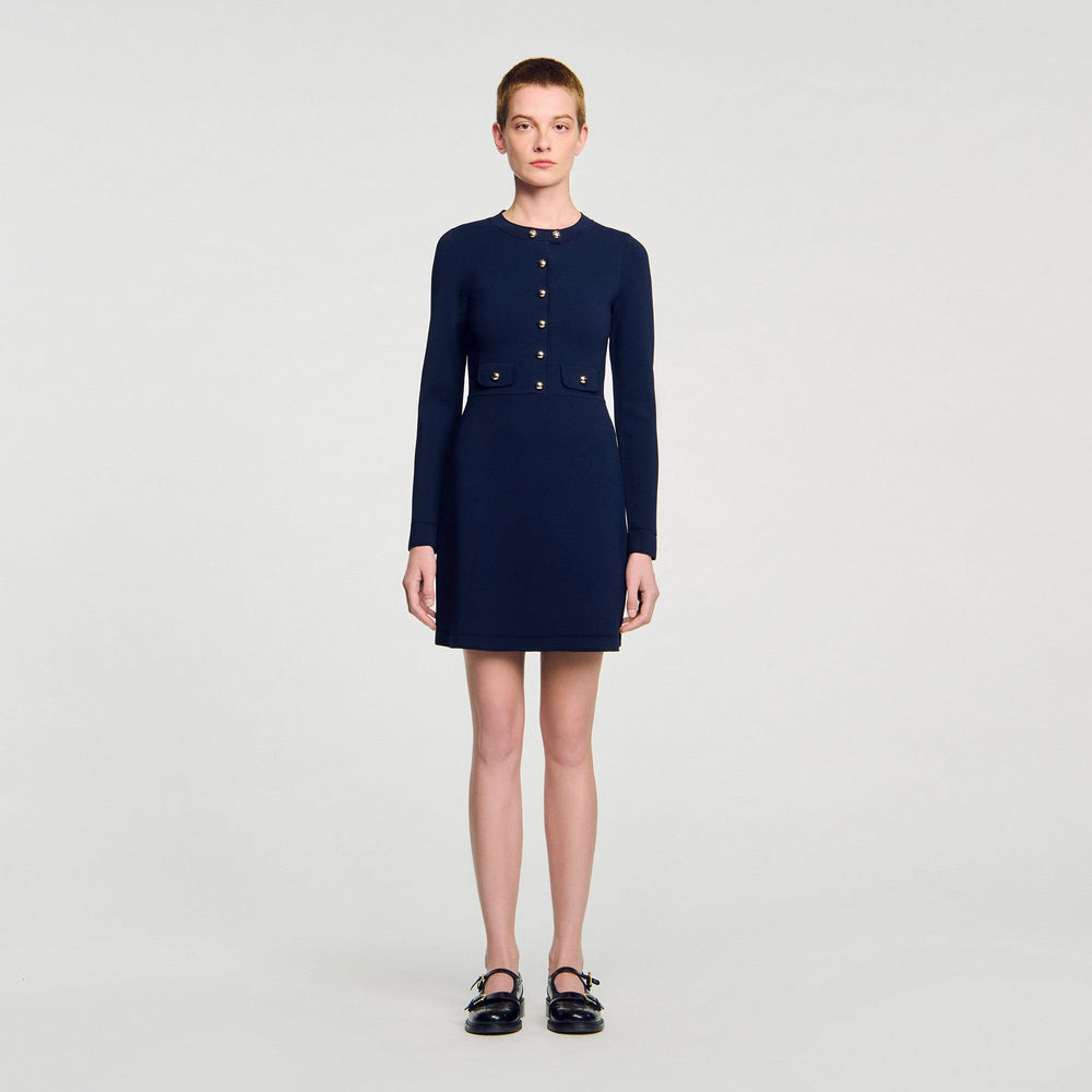 Mini button-up knit dress Navy Blue Sandro Women