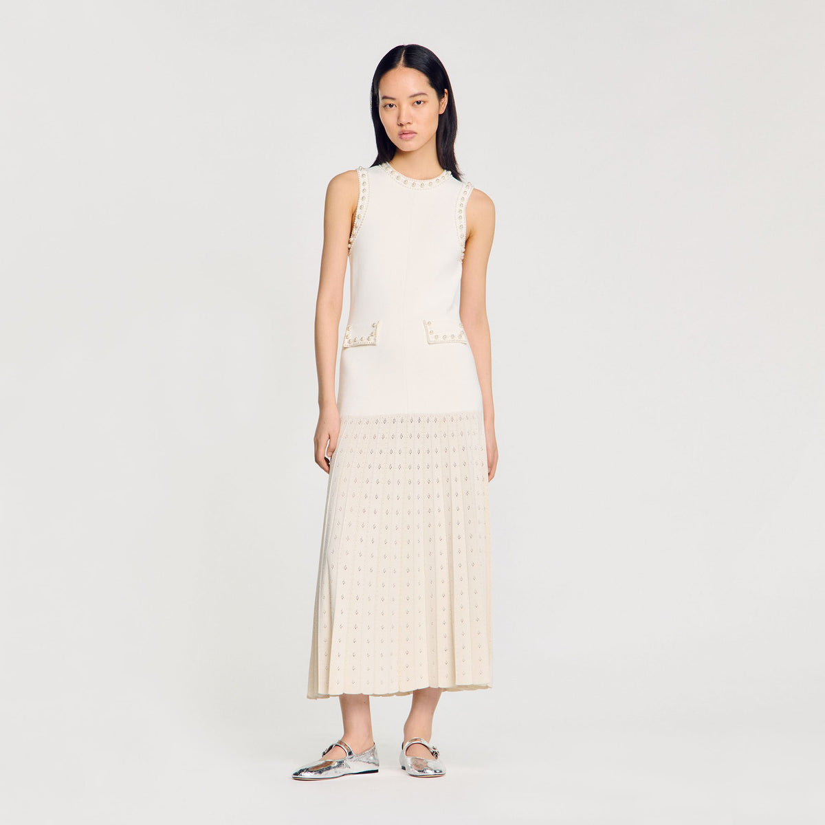 Pearl bead knit maxi dress Ecru Sandro Women