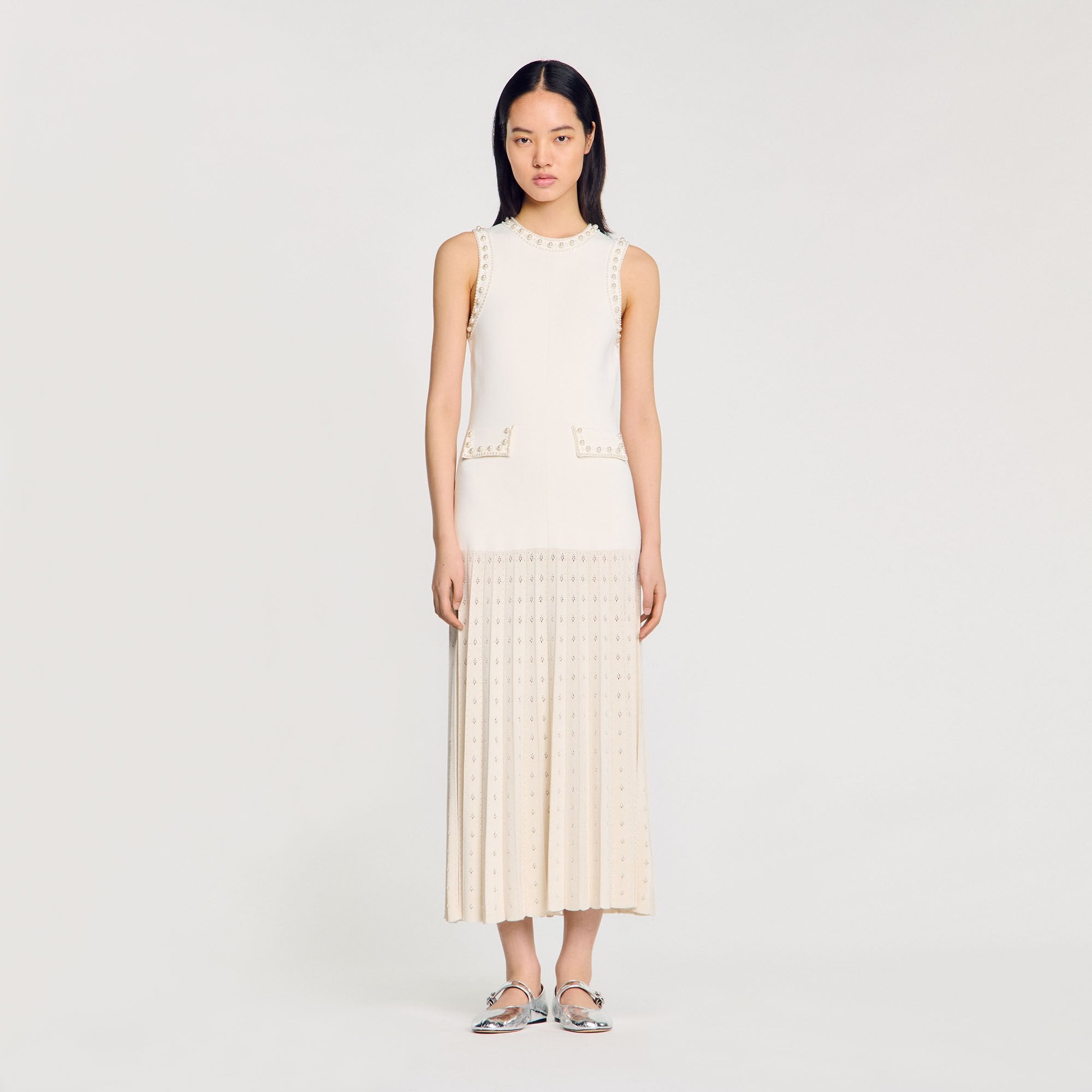 Pearl bead knit maxi dress Ecru Sandro Women