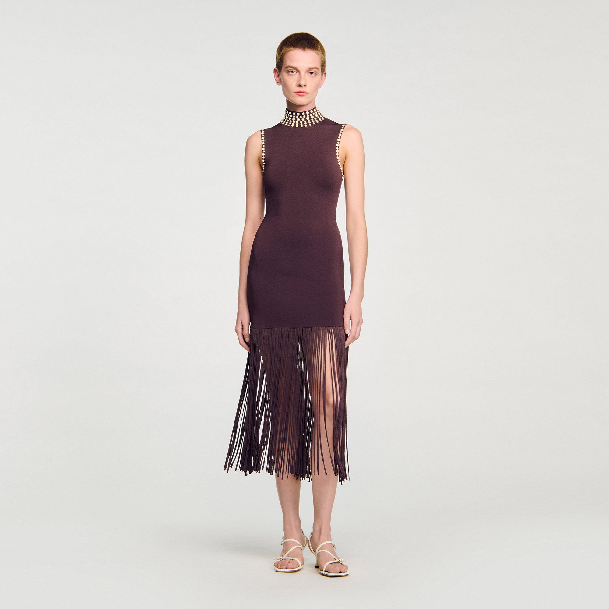 Fringed knit midi dress Brown Sandro Women