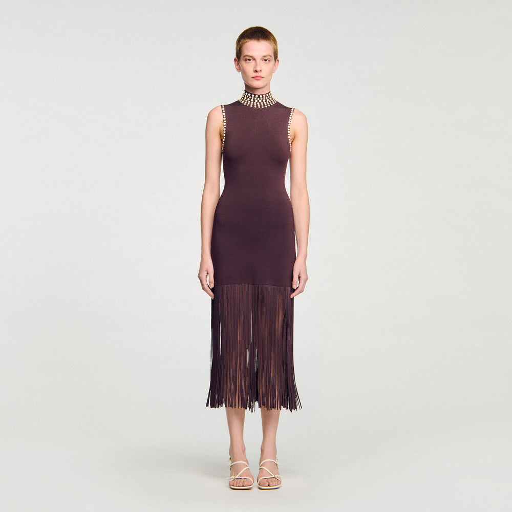 Fringed knit midi dress Brown Sandro Women