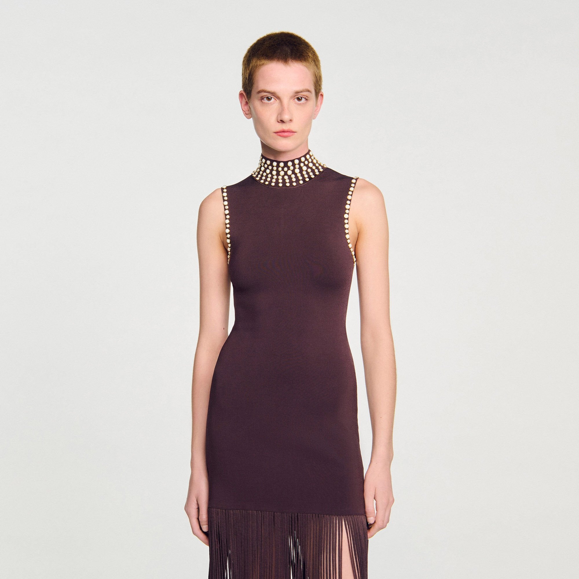 Fringed knit midi dress Brown Sandro Women