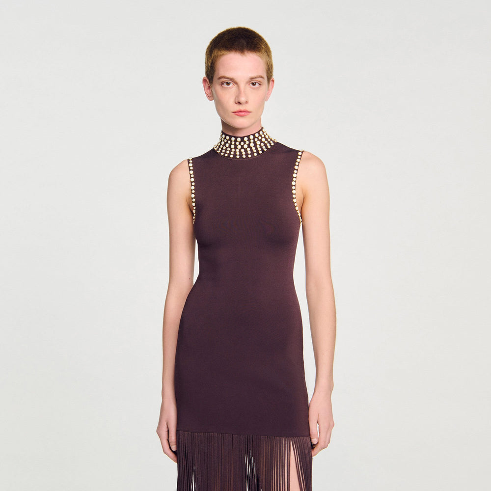 Fringed knit midi dress Brown Sandro Women