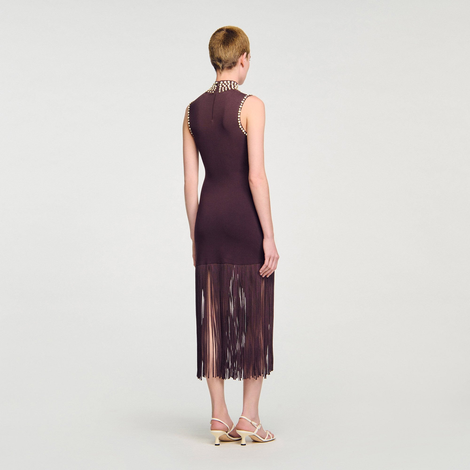 Fringed knit midi dress Brown Sandro Women