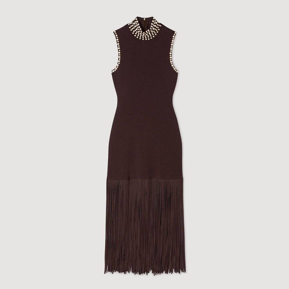 Fringed knit midi dress Brown Sandro Women