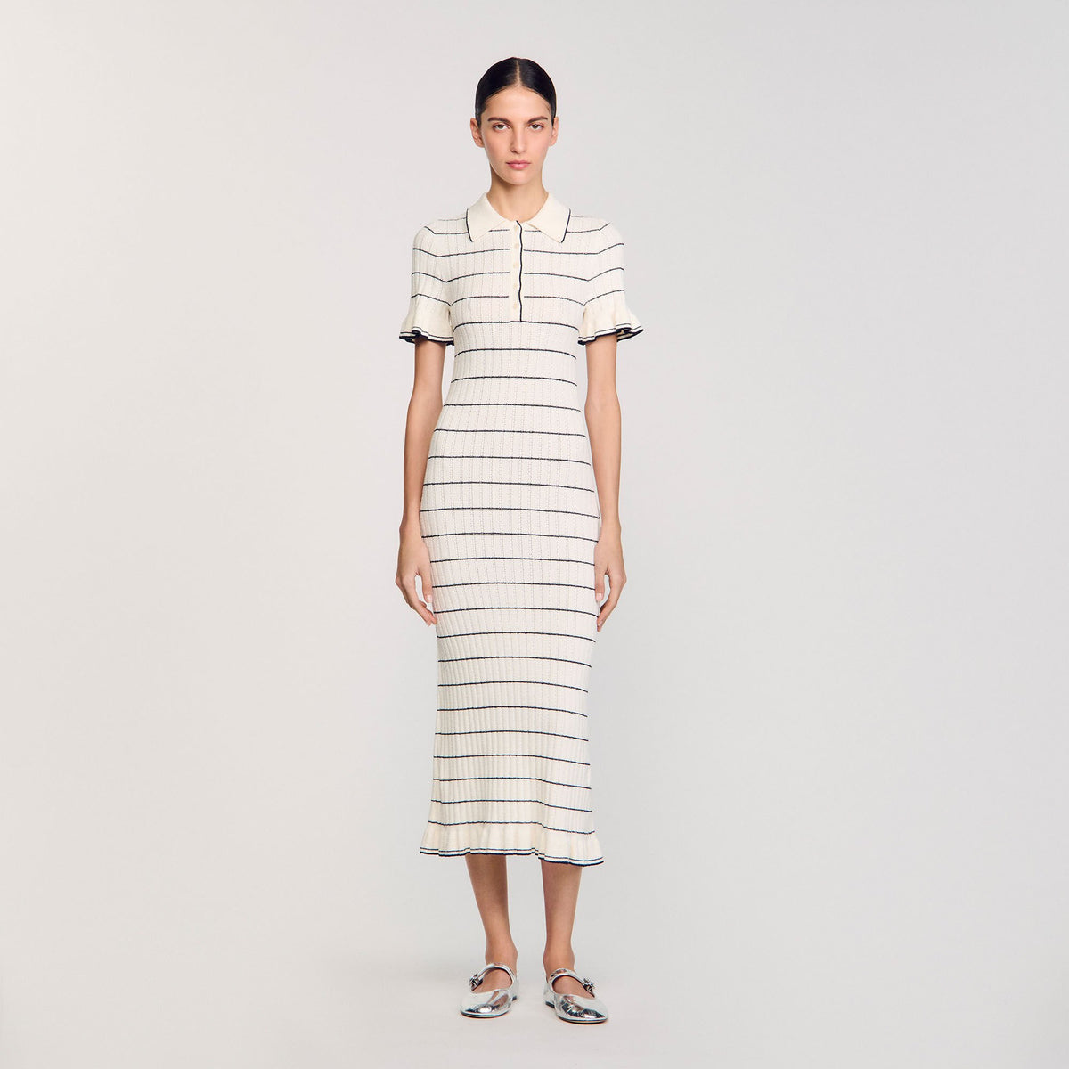 Knitted midi dress with polo neck Ecru Sandro Women