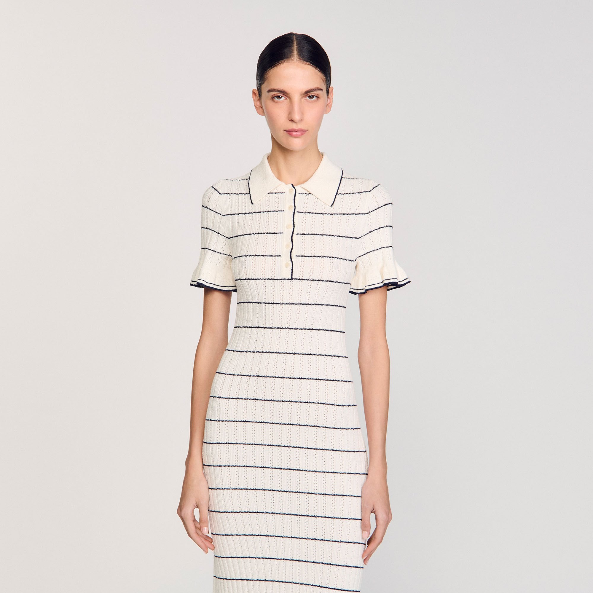 Knitted midi dress with polo neck Ecru Sandro Women