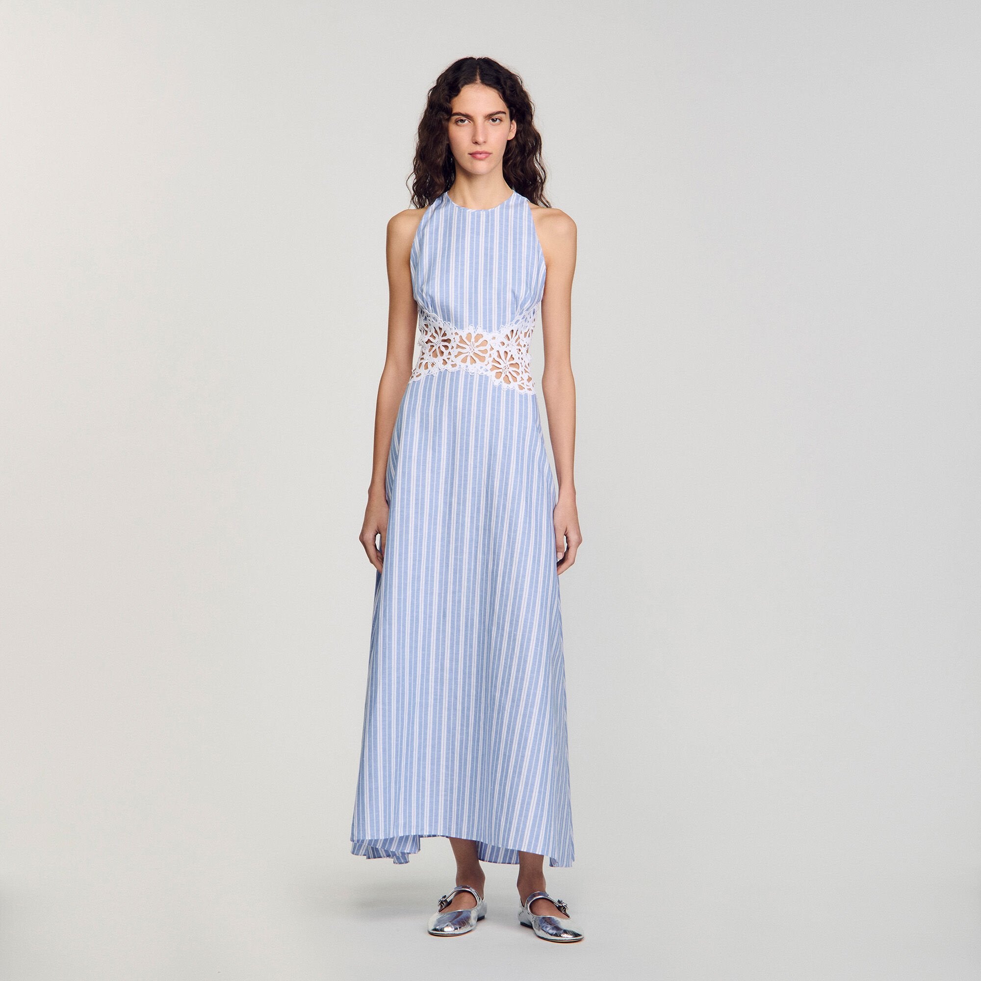 Striped maxi dress with lace Blu / White Sandro Women