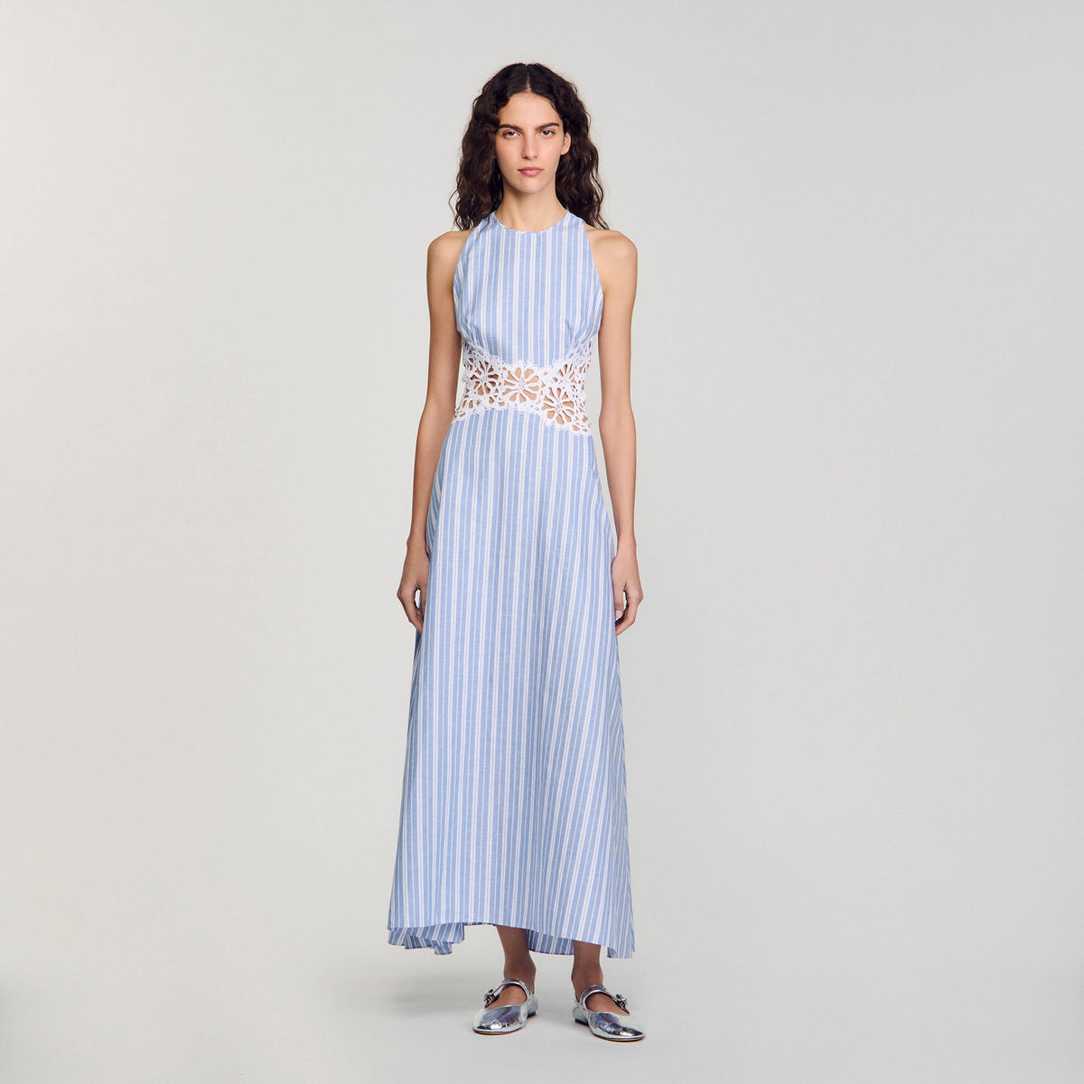 Striped maxi dress with lace Blu / White Sandro Women
