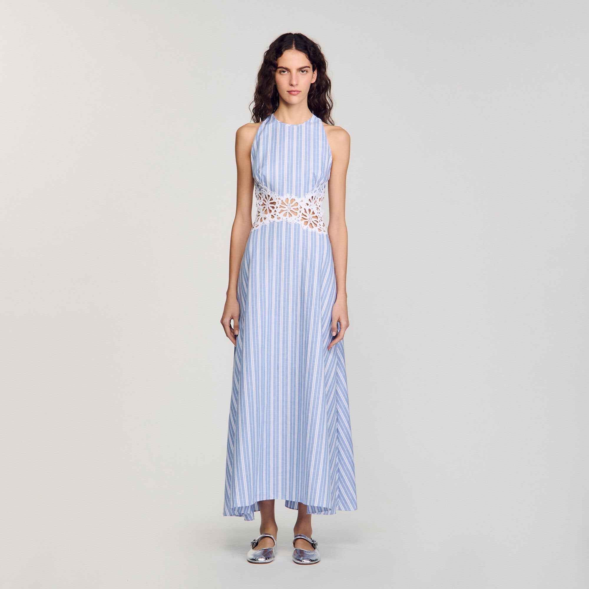 Striped maxi dress with lace Blu / White Sandro Women